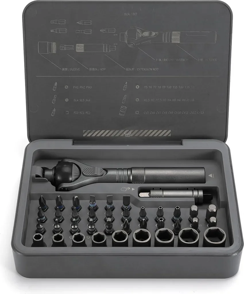DUKA RS2 Ratschen-Schraubendreher Set 40-in-1 Präzisions-Werkzeug mit 180° Universal-Ratschenkopf, Multi-Magnet-Design & Bit-Zubehör, Grau